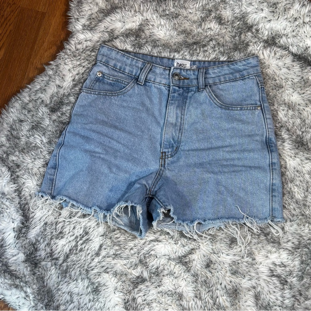 Princess Polly Light Blue Frayed High Waist Denim Shorts Size 4